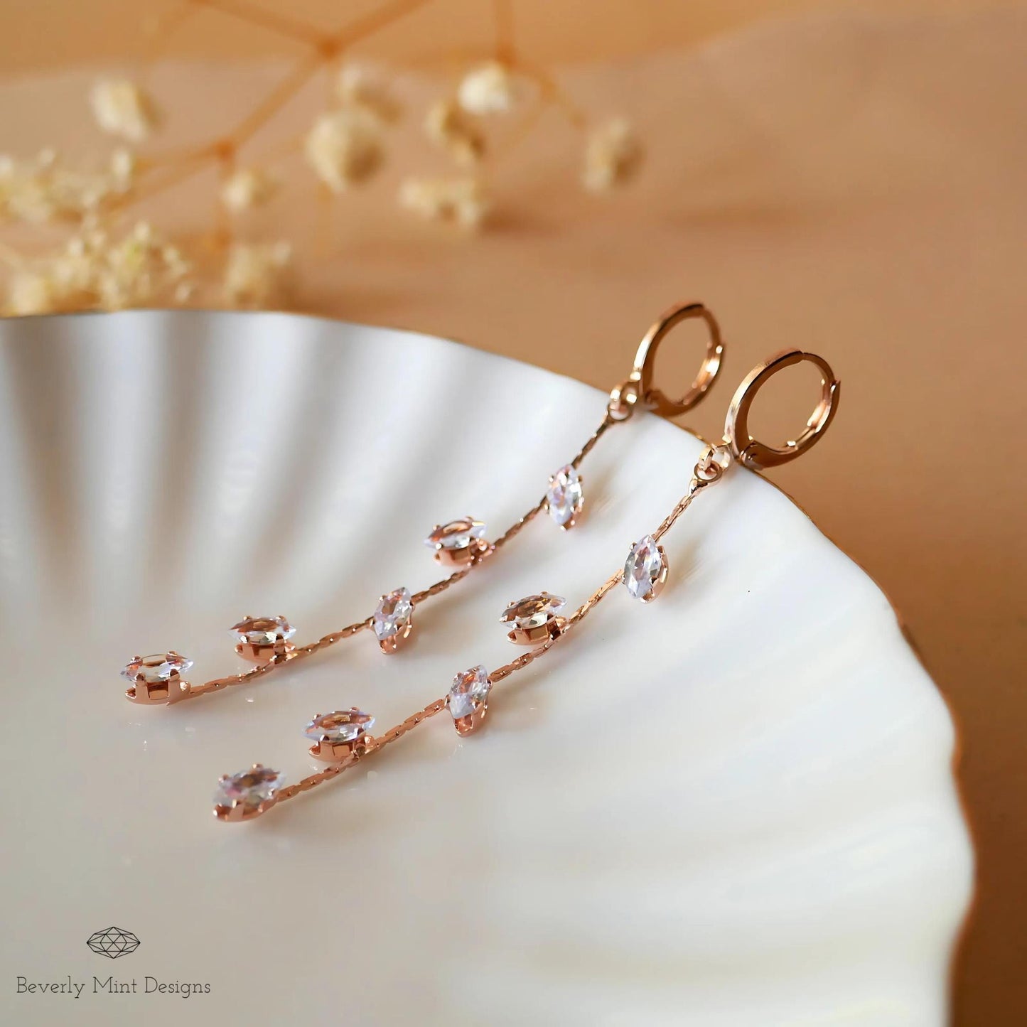 Rose Gold  Earrings, Leaves Earrings, Rose Gold Long Dangle Earrings, Leafy Earrings, Bridesmaid Jewelry, Wedding Gift, Gift For Her