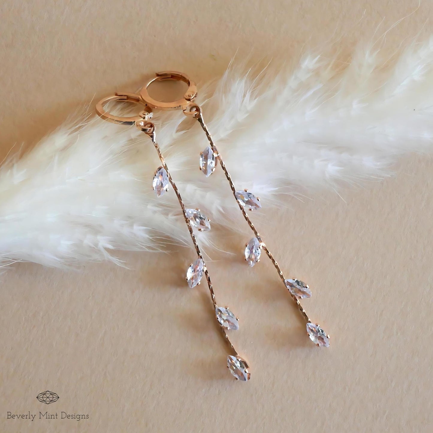 Rose Gold  Earrings, Leaves Earrings, Rose Gold Long Dangle Earrings, Leafy Earrings, Bridesmaid Jewelry, Wedding Gift, Gift For Her