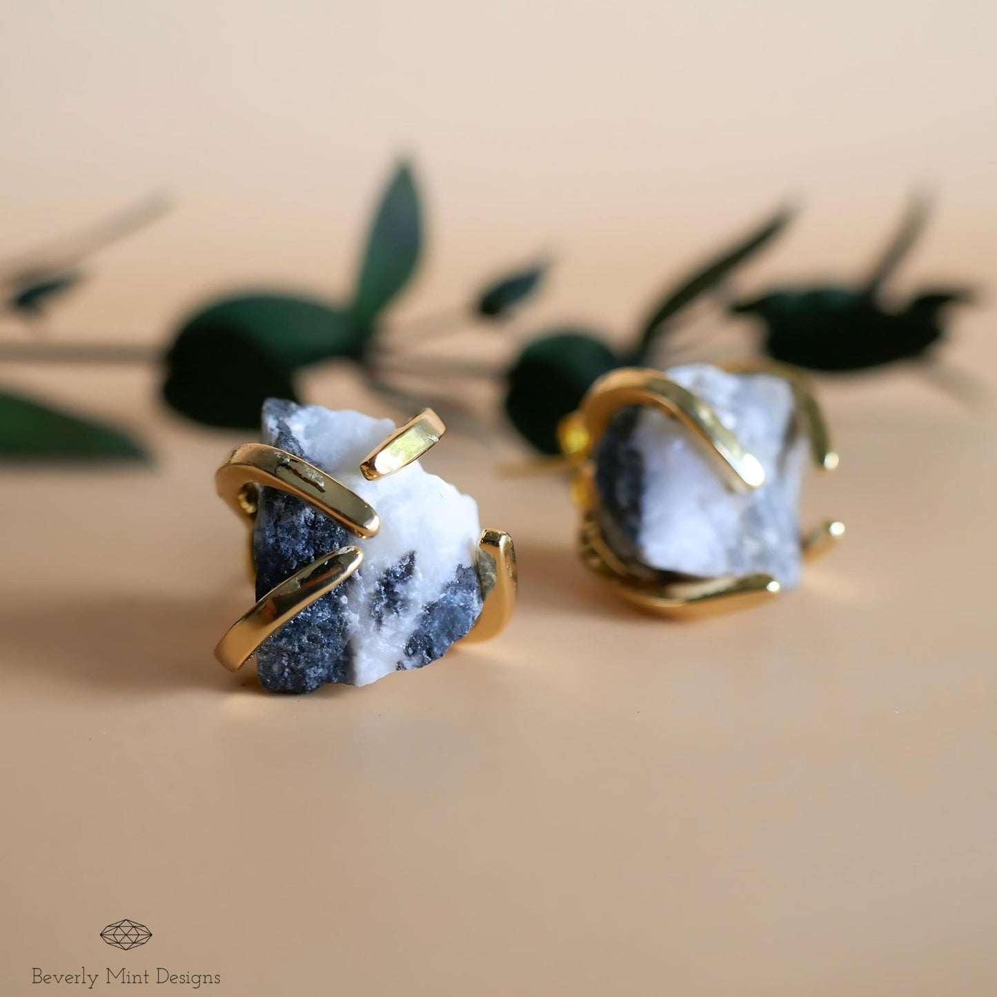 Black and White Zebra Stone Stud Earrings with 18K Gold, Black and White Stone Earrings,  1/2 -3/4 inches, Natural Raw Stone, Chakra Stones