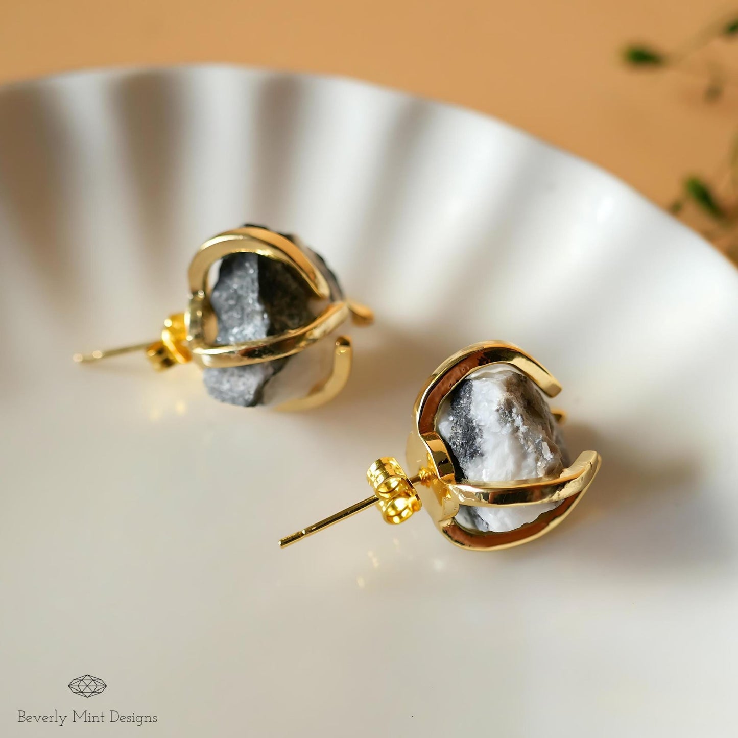 Black and White Zebra Stone Stud Earrings with 18K Gold, Black and White Stone Earrings,  1/2 -3/4 inches, Natural Raw Stone, Chakra Stones