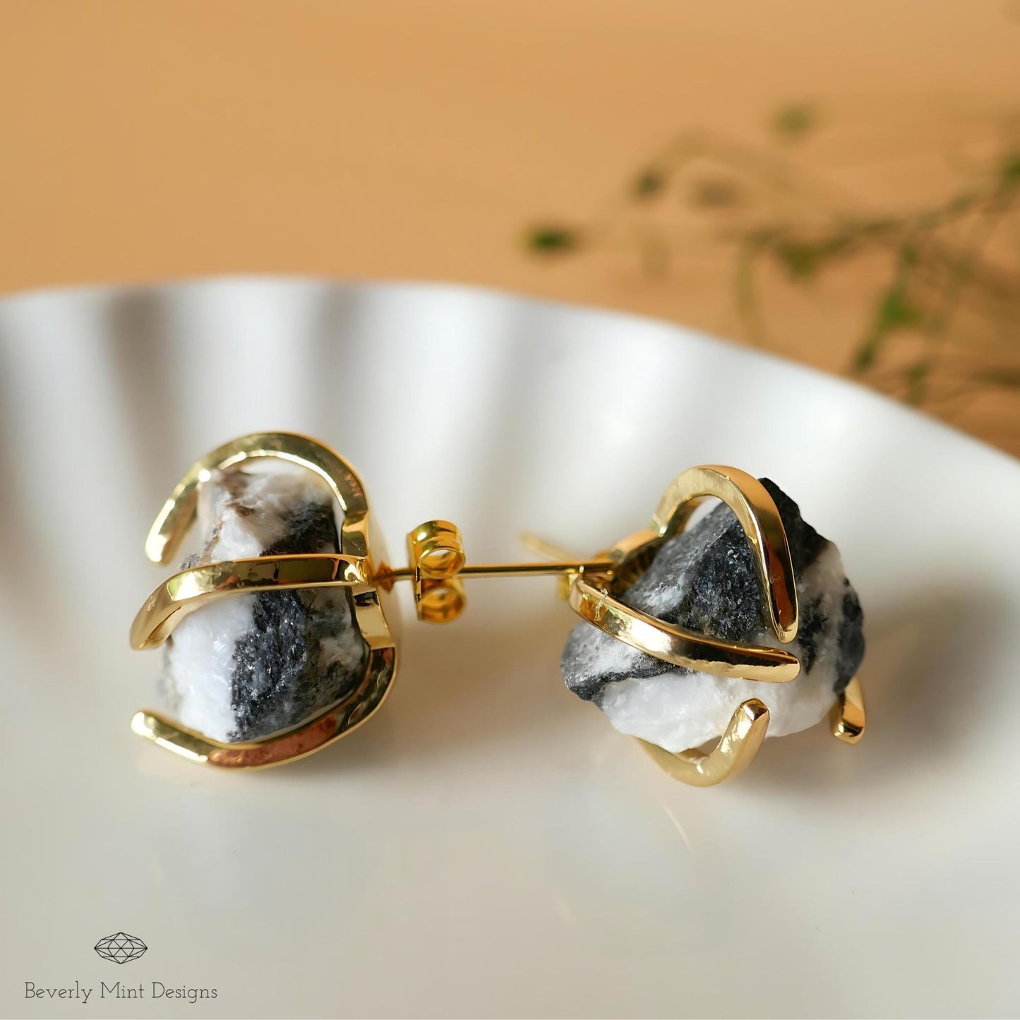 Black and White Zebra Stone Stud Earrings with 18K Gold, Black and White Stone Earrings,  1/2 -3/4 inches, Natural Raw Stone, Chakra Stones