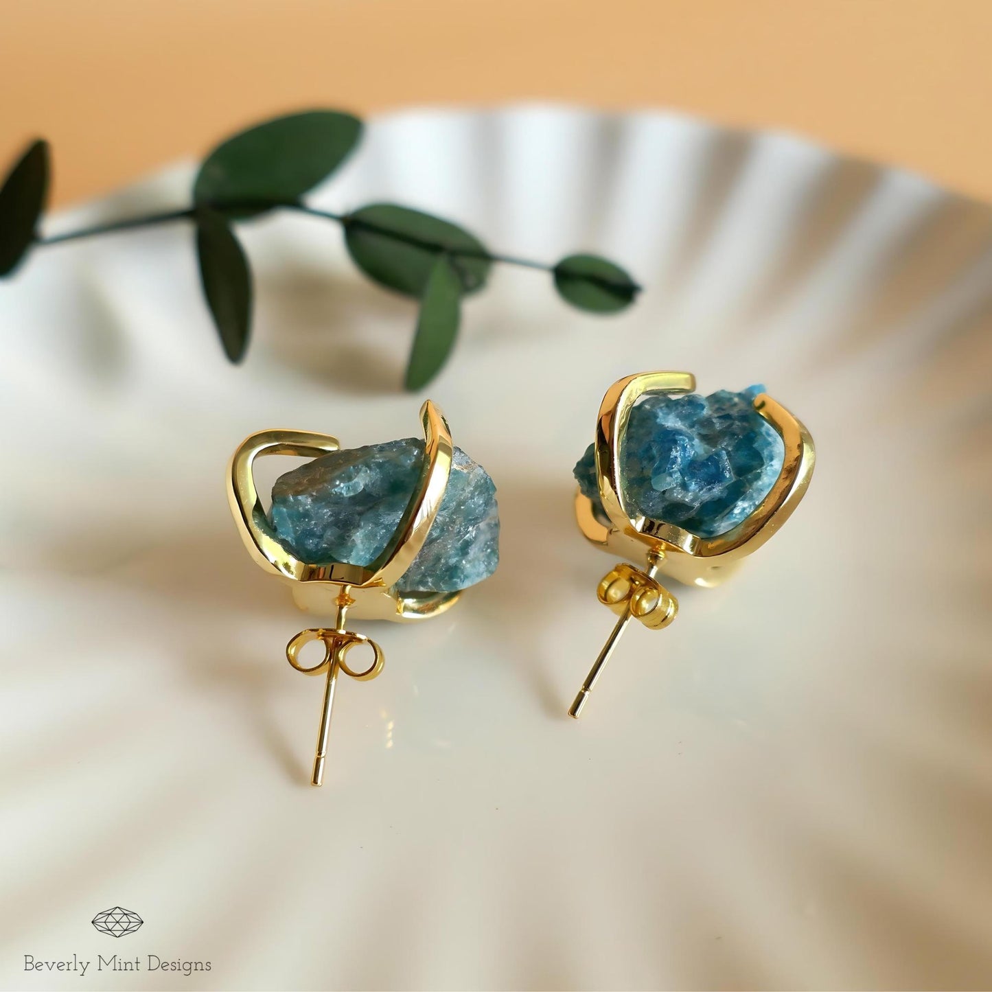 Apatite Stud Earrings with 18K Gold, Green Stone Earrings,  1/2 - 3/4 inches, Natural Raw Stone Earrings, Chakra Stone, Gift For Her