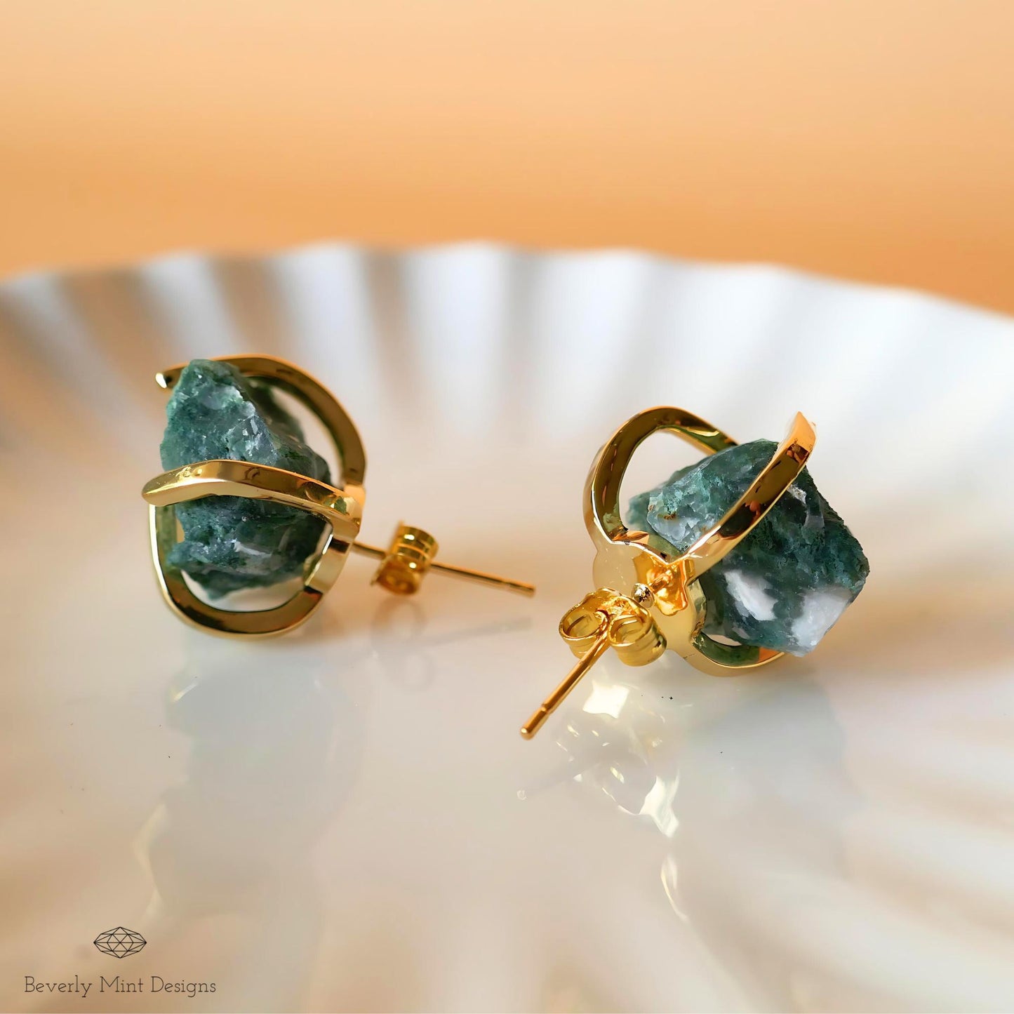 Aquatic Agate Stud Earrings with 18K Gold, Green Stone Earrings,  1/2 - 3/4 inches, Natural Raw Stone Earrings, Chakra Stone