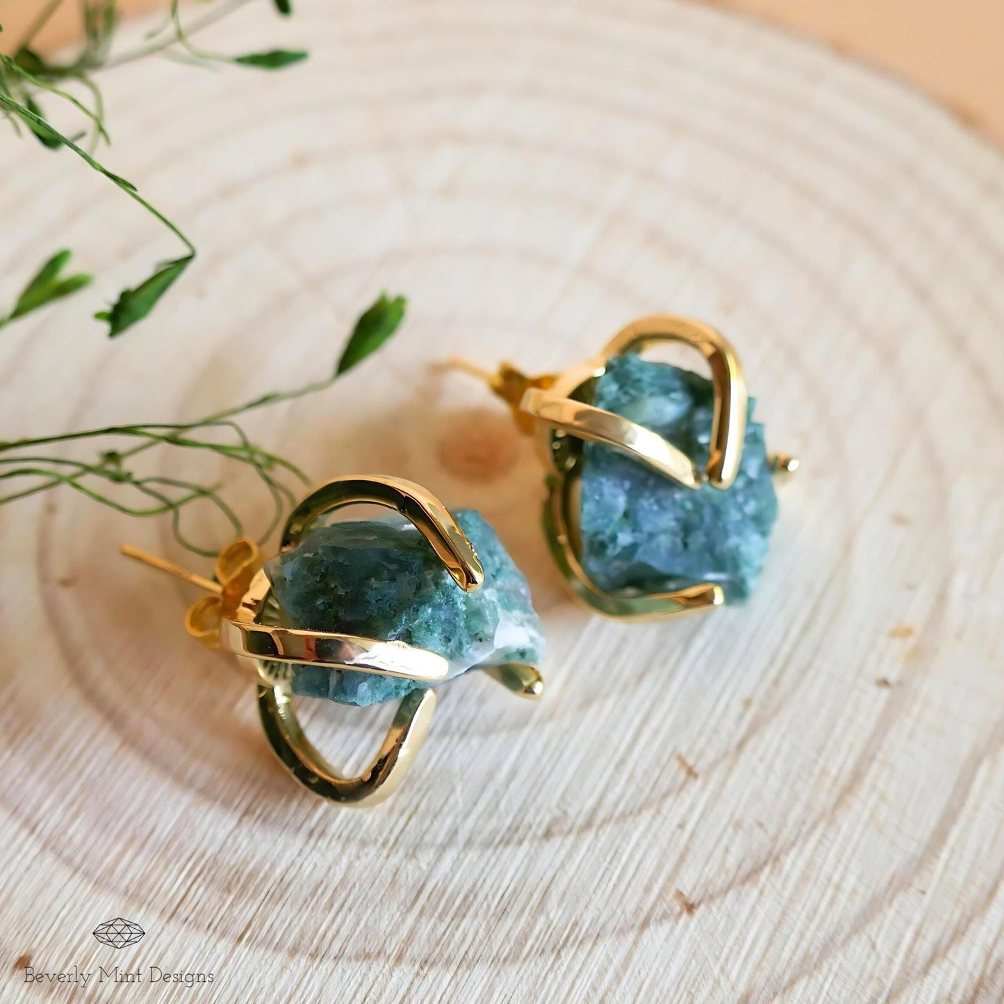 Aquatic Agate Stud Earrings with 18K Gold, Green Stone Earrings,  1/2 - 3/4 inches, Natural Raw Stone Earrings, Chakra Stone