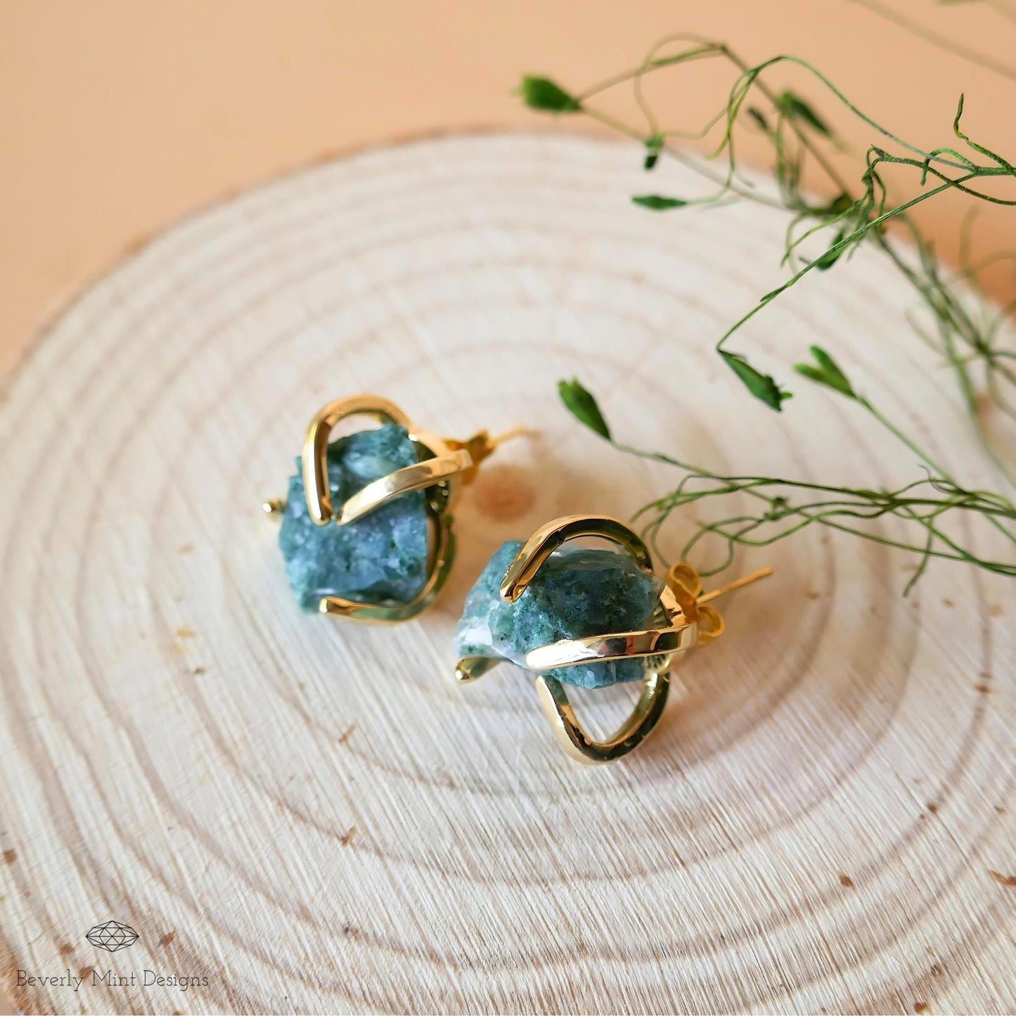 Aquatic Agate Stud Earrings with 18K Gold, Green Stone Earrings,  1/2 - 3/4 inches, Natural Raw Stone Earrings, Chakra Stone
