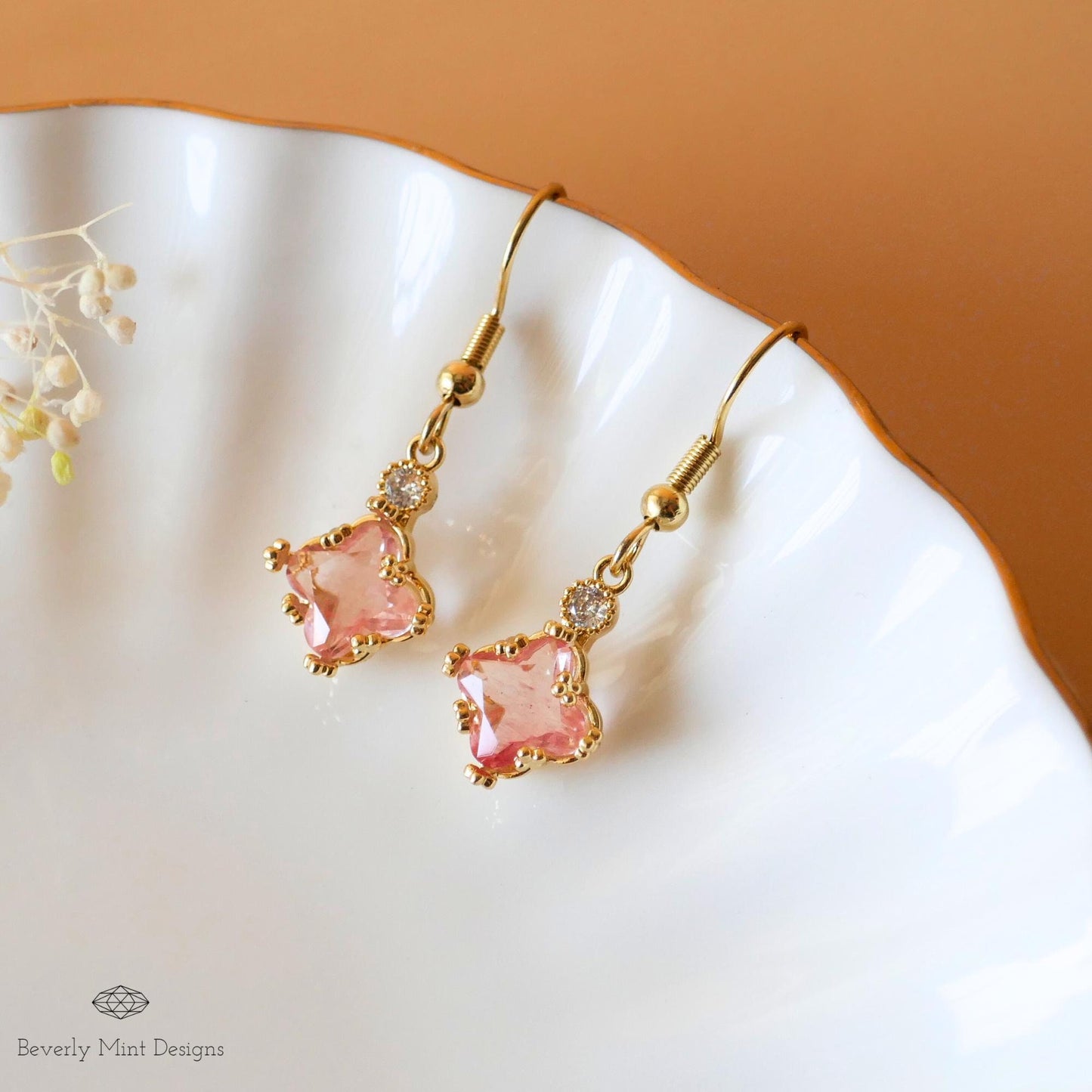 Soft Pink Small Charm Earrings, Blush Pink Earrings, 18K Gold Drop & Dangle Earrings, Minimalist Jewelry, Bridesmaids Gift, Anniversary Gift