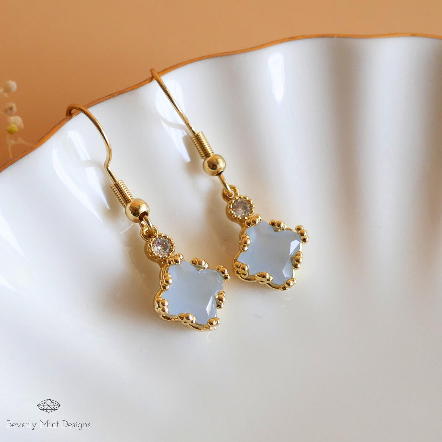 18K Gold Dainty Charm Earrings, Light Blue Earrings, Pale Blue Earrings, Drop & Dangle Earrings,  Bridesmaids Gift, Something Blue Earrings