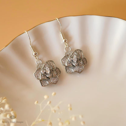 Rose Earring Silver Dangle Earring, Sparkling Crystal Flower Drop Earrings , 925 Sterling Silver Cubic Zirconia Earrings, Silver Earrings