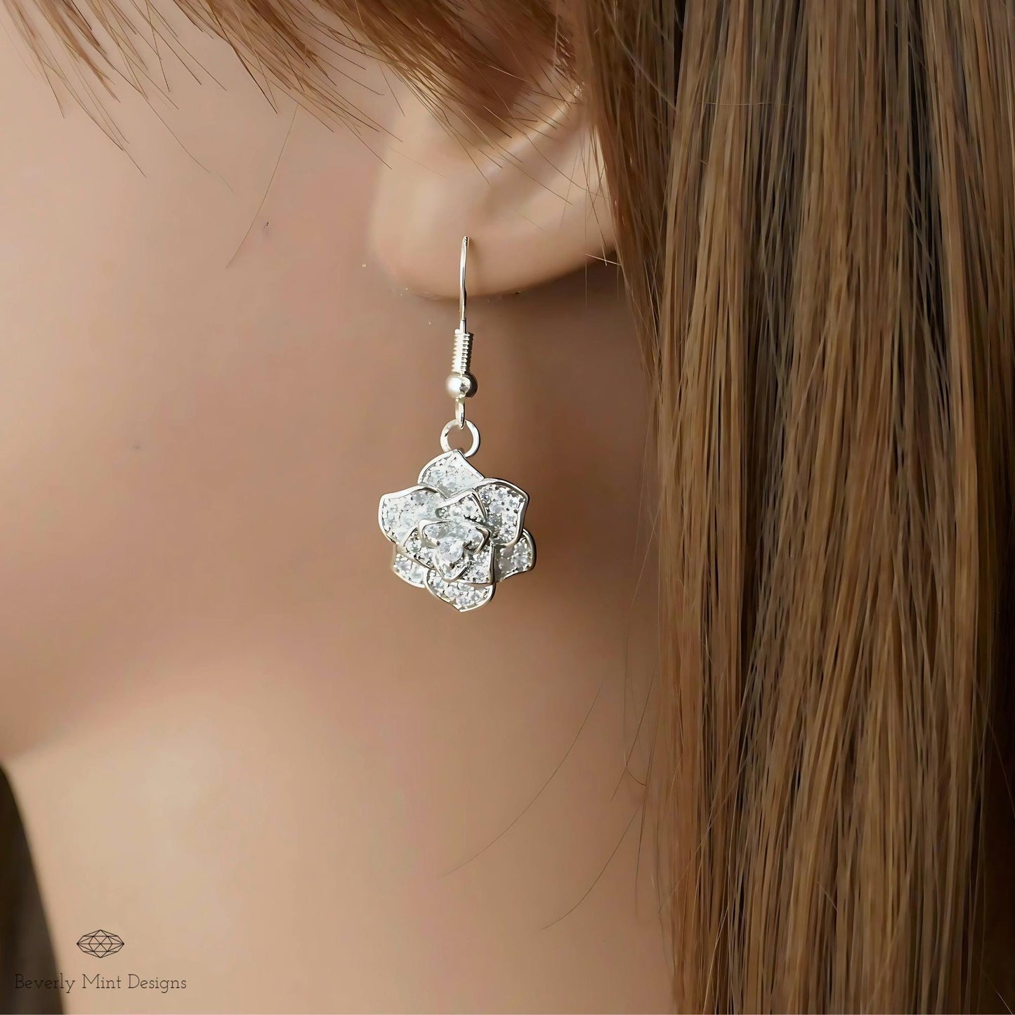 Rose Earring Silver Dangle Earring, Sparkling Crystal Flower Drop Earrings , 925 Sterling Silver Cubic Zirconia Earrings, Silver Earrings