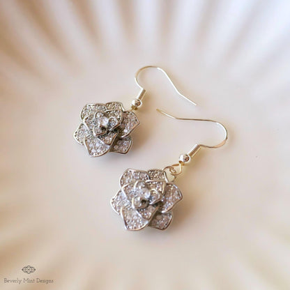 Rose Earring Silver Dangle Earring, Sparkling Crystal Flower Drop Earrings , 925 Sterling Silver Cubic Zirconia Earrings, Silver Earrings