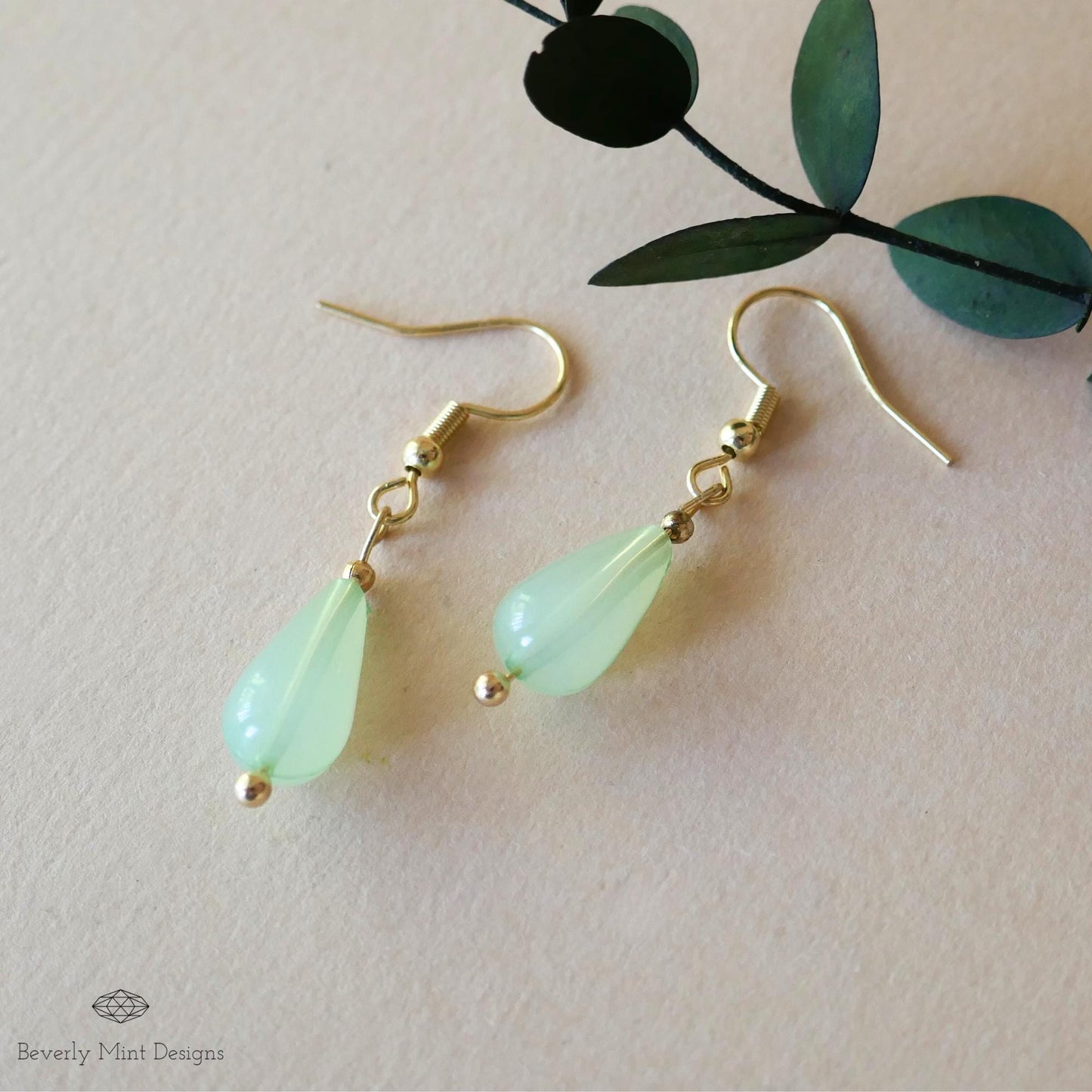 Jade Color Teardrop Earrings, 18K Gold Drop Earrings, Light Green Earrings,  Minimalist Earrings Mint Green ,, Gift For Her