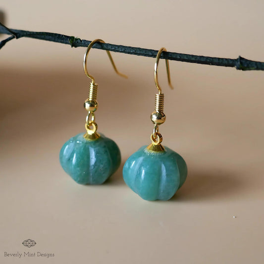 Halloween Pumpkin Earrings, Green Aventurine Green Stone Earrings, Cute Green Pumpkin Earrings, Sensitive Ear & Clip-On Options