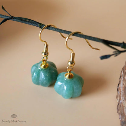Halloween Pumpkin Earrings, Green Aventurine Green Stone Earrings, Cute Green Pumpkin Earrings, Sensitive Ear & Clip-On Options