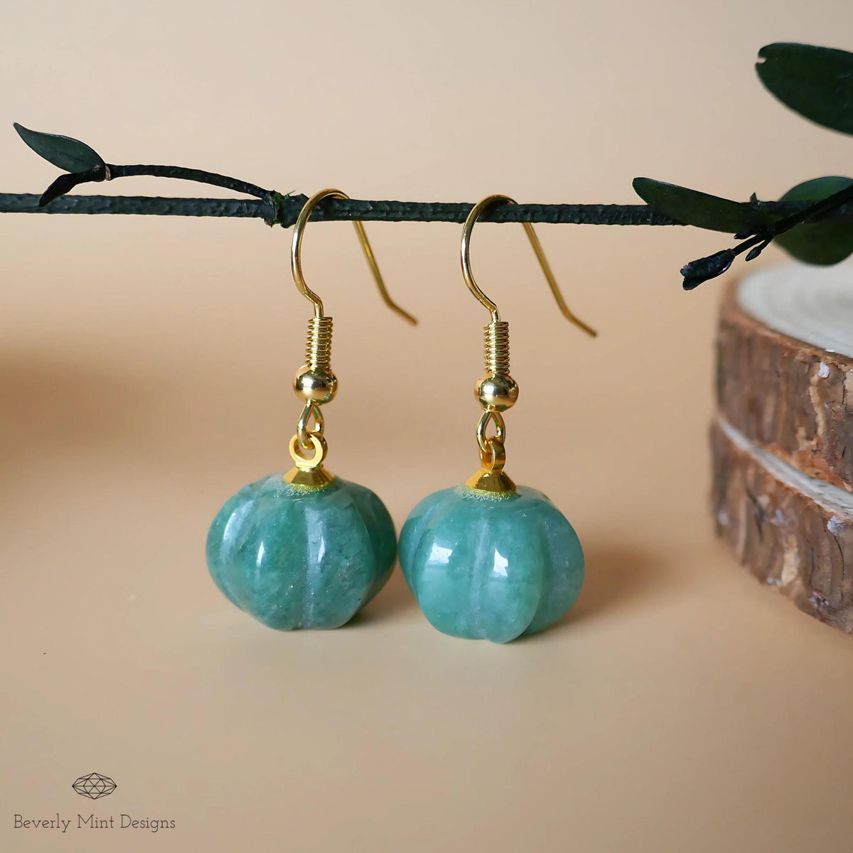 Halloween Pumpkin Earrings, Green Aventurine Green Stone Earrings, Cute Green Pumpkin Earrings, Sensitive Ear & Clip-On Options