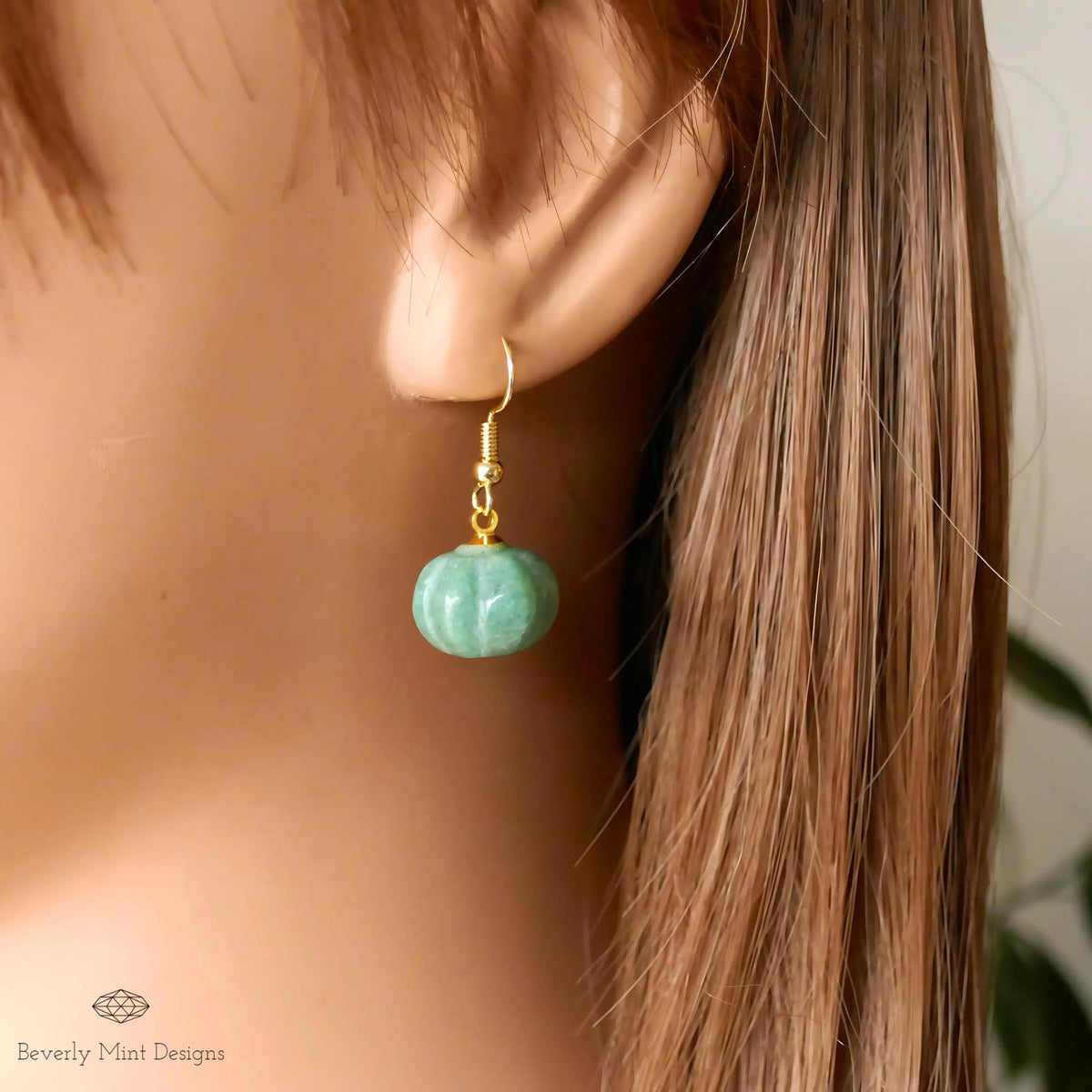 Halloween Pumpkin Earrings, Green Aventurine Green Stone Earrings, Cute Green Pumpkin Earrings, Sensitive Ear & Clip-On Options