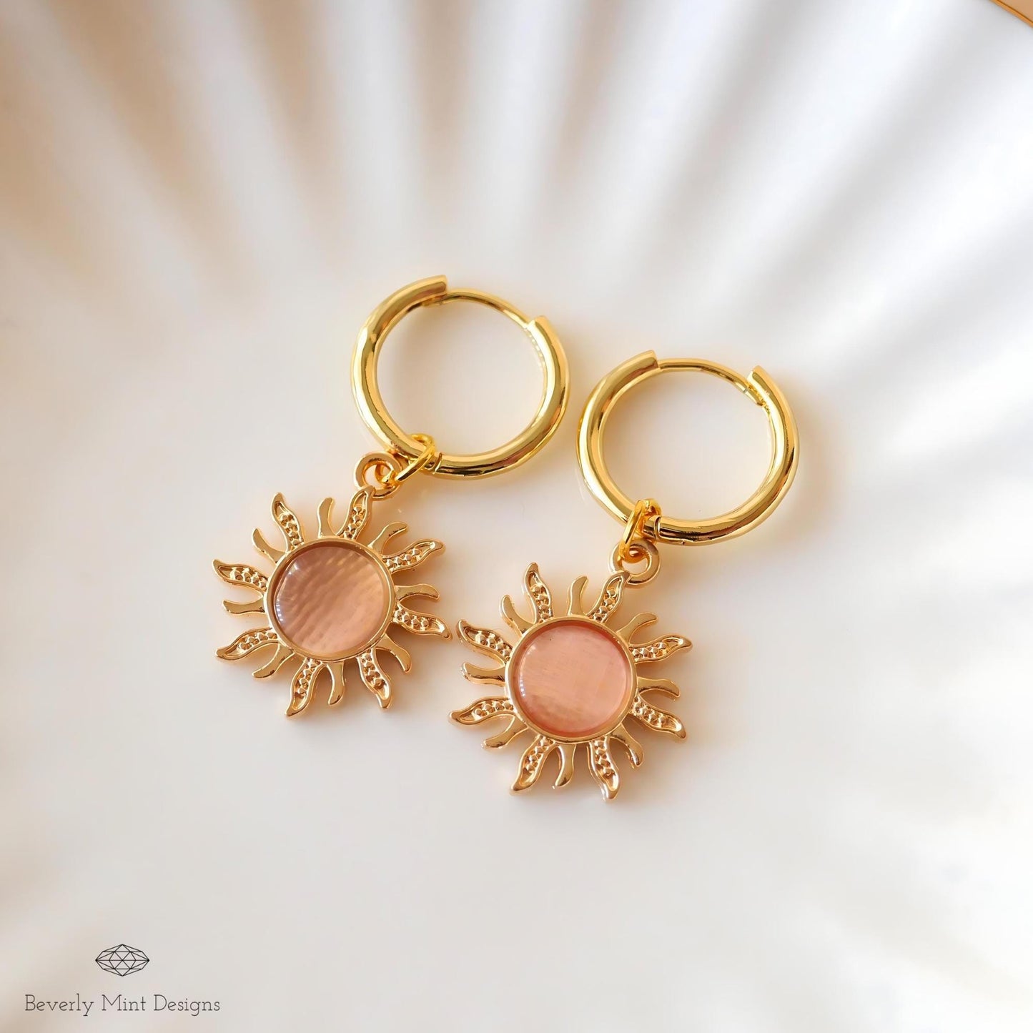 Sun Earrings , Hoop Earrings 18K Gold Sun Earrings, Pink Earrings , Boho Style Jewelry , Gold Sunburst Earrings, Gift For Her