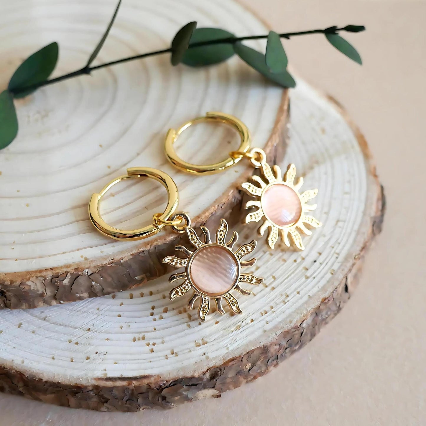 Sun Earrings , Hoop Earrings 18K Gold Sun Earrings, Pink Earrings , Boho Style Jewelry , Gold Sunburst Earrings, Gift For Her