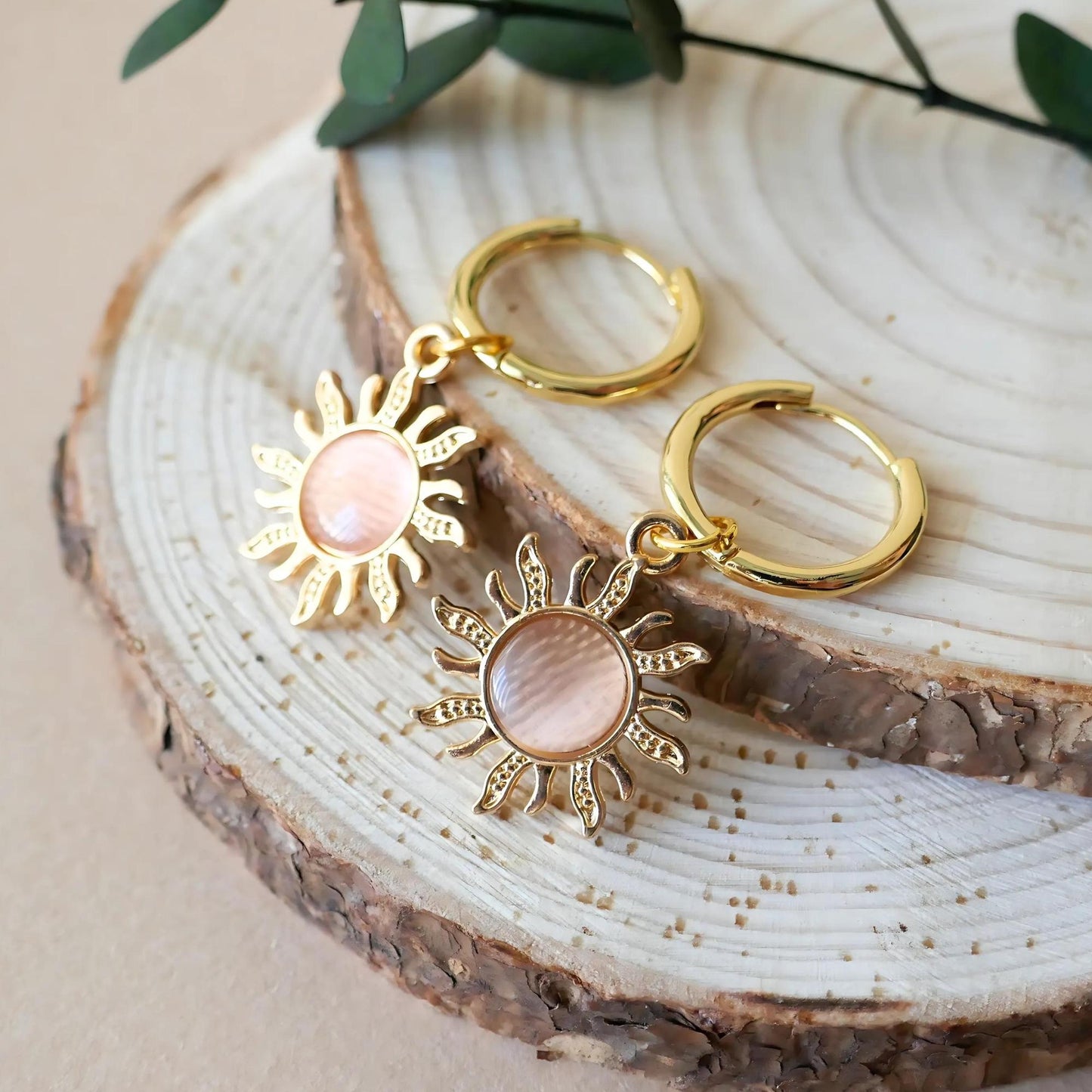 Sun Earrings , Hoop Earrings 18K Gold Sun Earrings, Pink Earrings , Boho Style Jewelry , Gold Sunburst Earrings, Gift For Her
