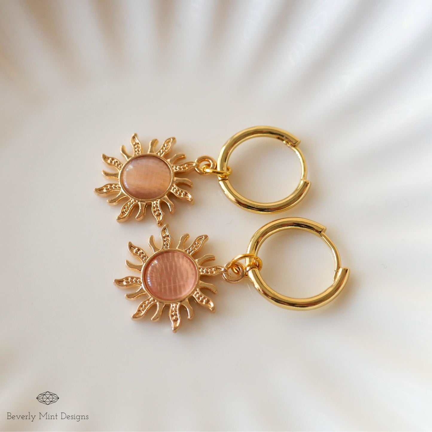 Sun Earrings , Hoop Earrings 18K Gold Sun Earrings, Pink Earrings , Boho Style Jewelry , Gold Sunburst Earrings, Gift For Her