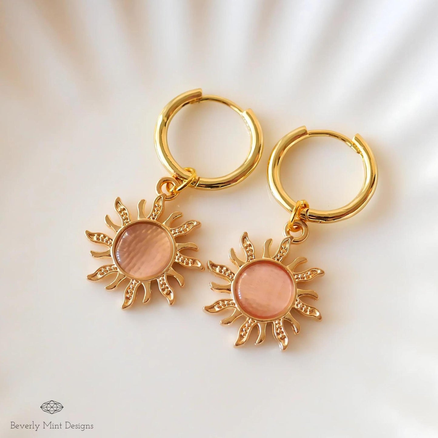 Sun Earrings , Hoop Earrings 18K Gold Sun Earrings, Pink Earrings , Boho Style Jewelry , Gold Sunburst Earrings, Gift For Her