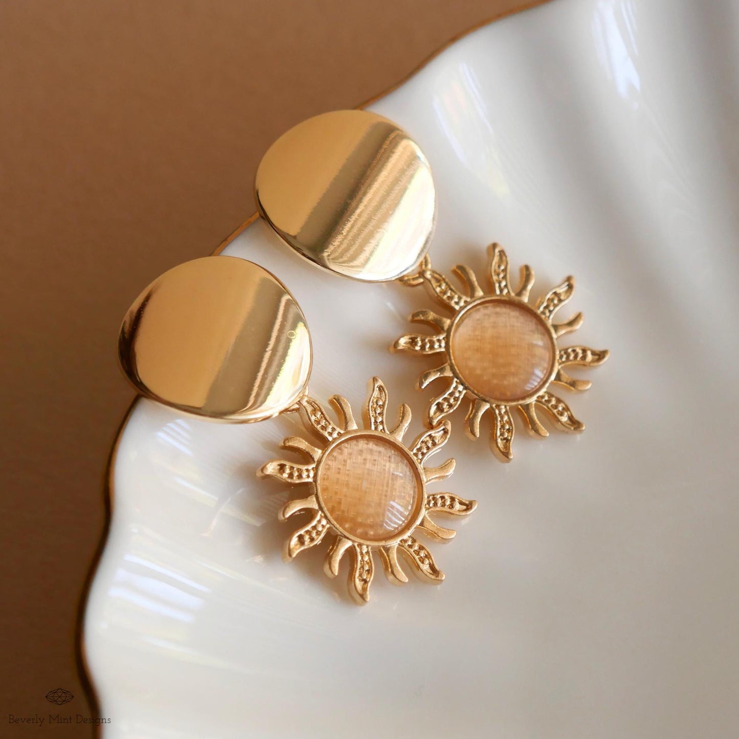 Gold Sun Earrings, Gold Sunburst Boho Style Earrings 18K Gold Disc Earrings, Bohemian Jewelry, Gold Dangle Earrings, Gift For Her