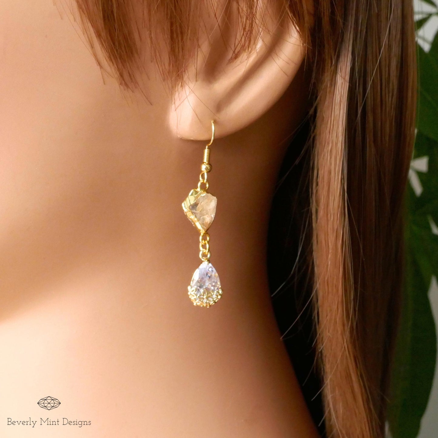 Citrine Raw Stone Earrings with CZ, 18K Gold Birthstone Jewelry, Raw Stone Earrings, Yellow Earrings , November Birthstone, Gift For Her