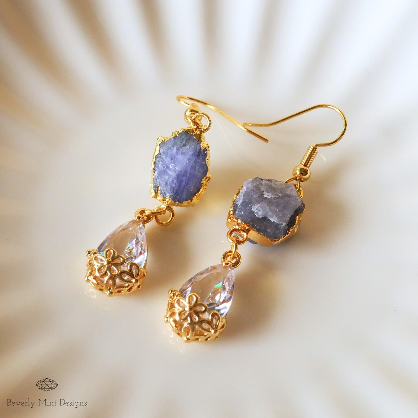 Tanzanite Raw Stone Earrings with CZ, 18K Gold Birthstone Jewelry, Raw Stone Earrings,Blue Earrings ,December Birthstone, Gift For Her
