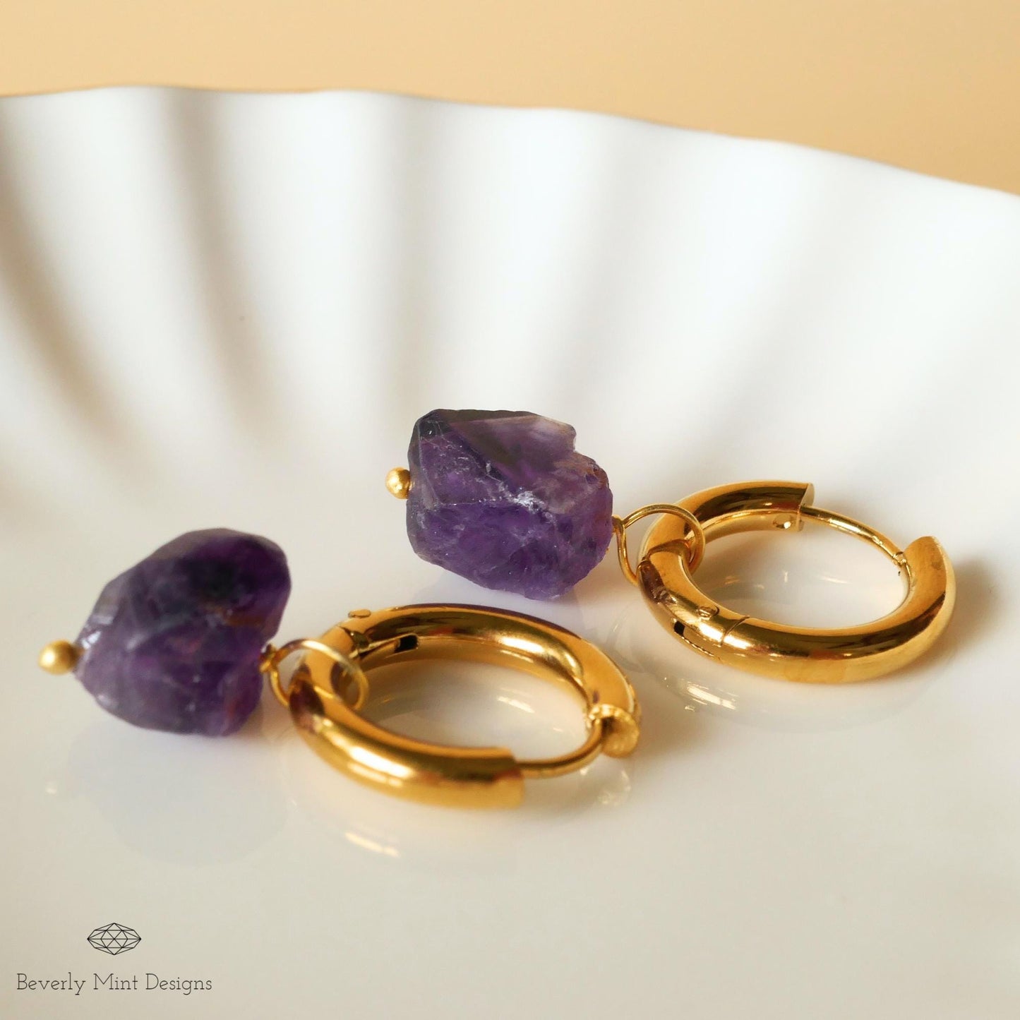 Raw Amethyst Earrings, Purple Raw Stone Earrings, 18K Gold Huggie Hoop Earrings with February Birthstone, Purple Earrings, Chakra Stone Gift