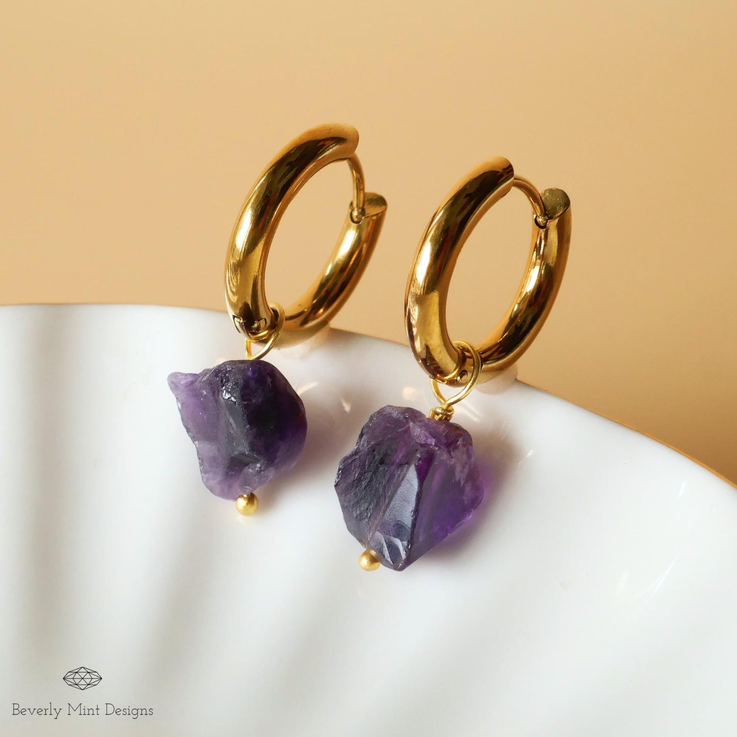 Raw Amethyst Earrings, Purple Raw Stone Earrings, 18K Gold Huggie Hoop Earrings with February Birthstone, Purple Earrings, Chakra Stone Gift