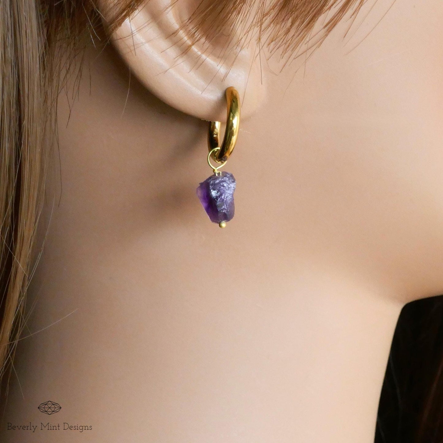 Raw Amethyst Earrings, Purple Raw Stone Earrings, 18K Gold Huggie Hoop Earrings with February Birthstone, Purple Earrings, Chakra Stone Gift