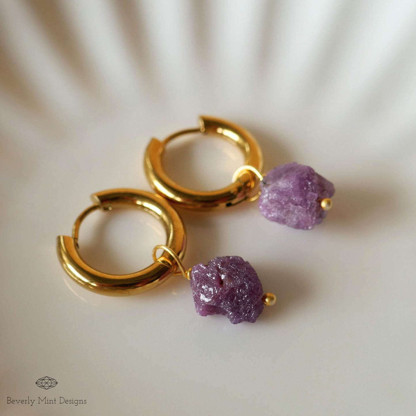 Raw Ruby Stone Earrings, 18K Gold Huggie Hoop Earrings with July Birthstone, Red Stone Earrings , Purple/Red Jewelry, Gift For Her