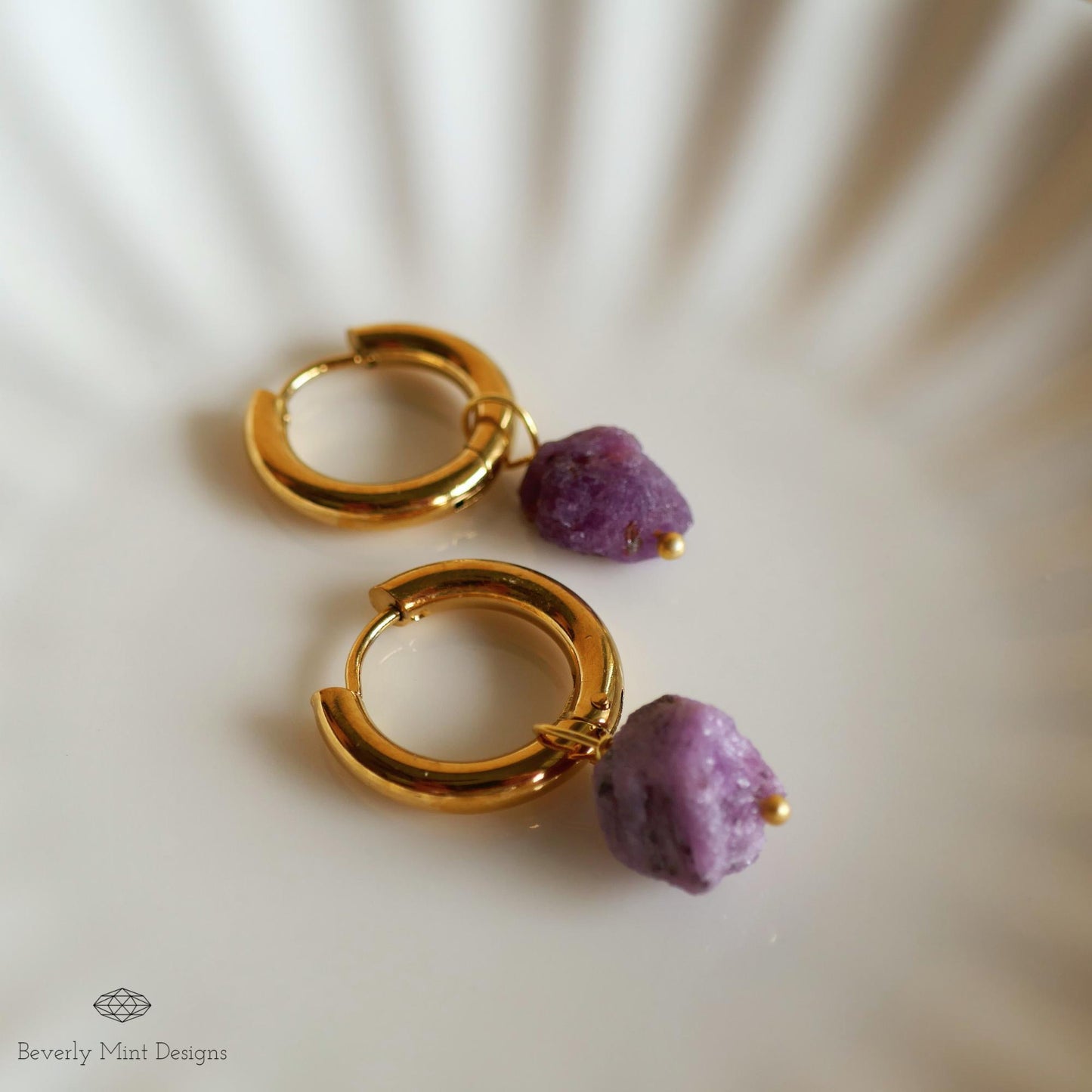 Raw Ruby Stone Earrings, 18K Gold Huggie Hoop Earrings with July Birthstone, Red Stone Earrings , Purple/Red Jewelry, Gift For Her