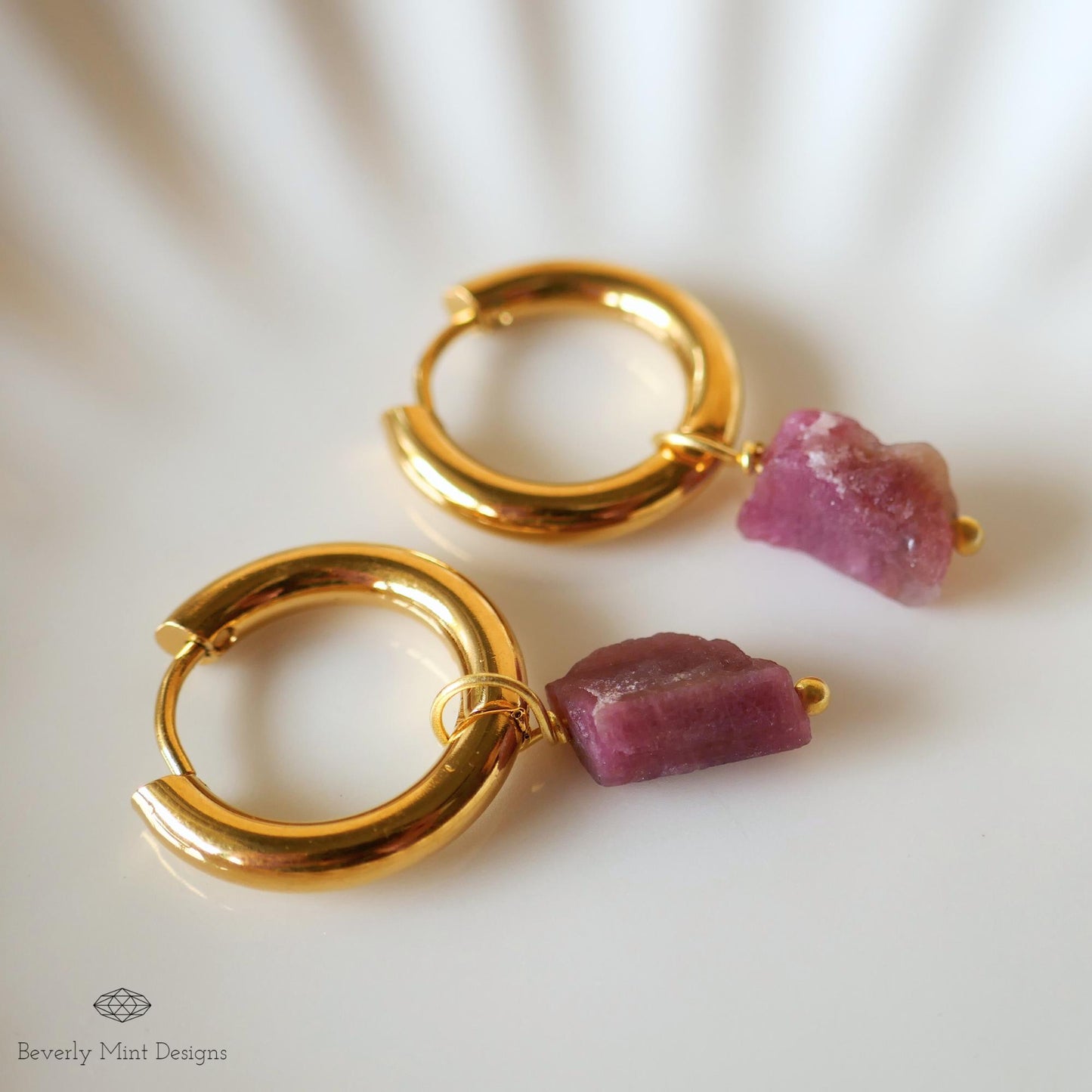 Raw Pink Tourmaline Stone Earrings, 18K Gold Huggie Hoop Earrings with October Birthstone, Red Stone Earrings , Purple/Red Jewelry, Chakra