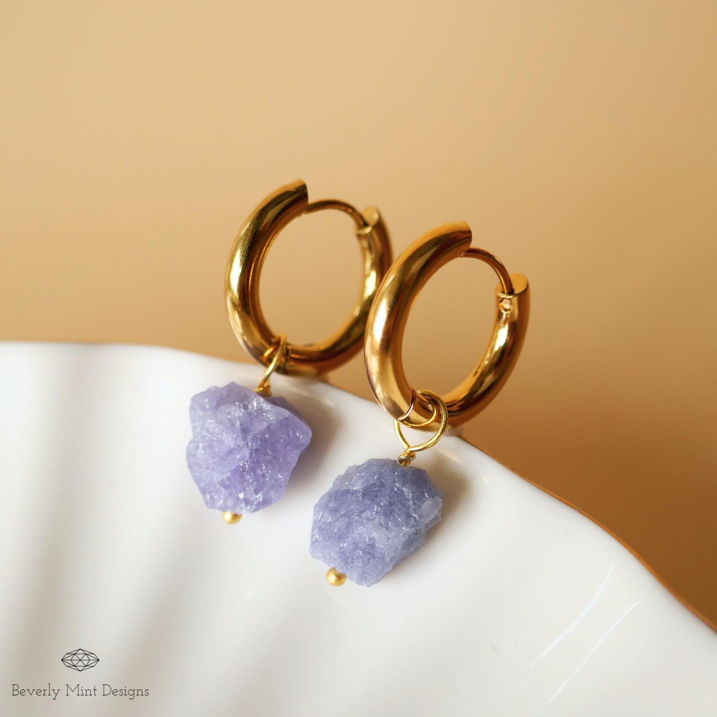 Raw Tanzanite Stone Earrings, 18K Gold Huggie Hoop Earrings with December Birthstone, Blue Earrings, Lavender/Lilac Stone  , Chakra Stone