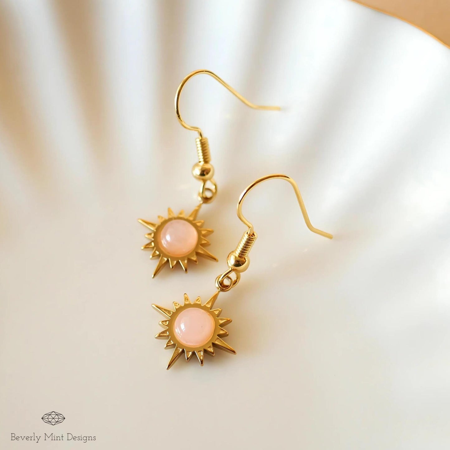Sun Earrings ,Boho Sun Earrings 18K Gold Plated Small Earrings, Pink Earrings , Boho Style Earrings , Gold Sunburst Earrings