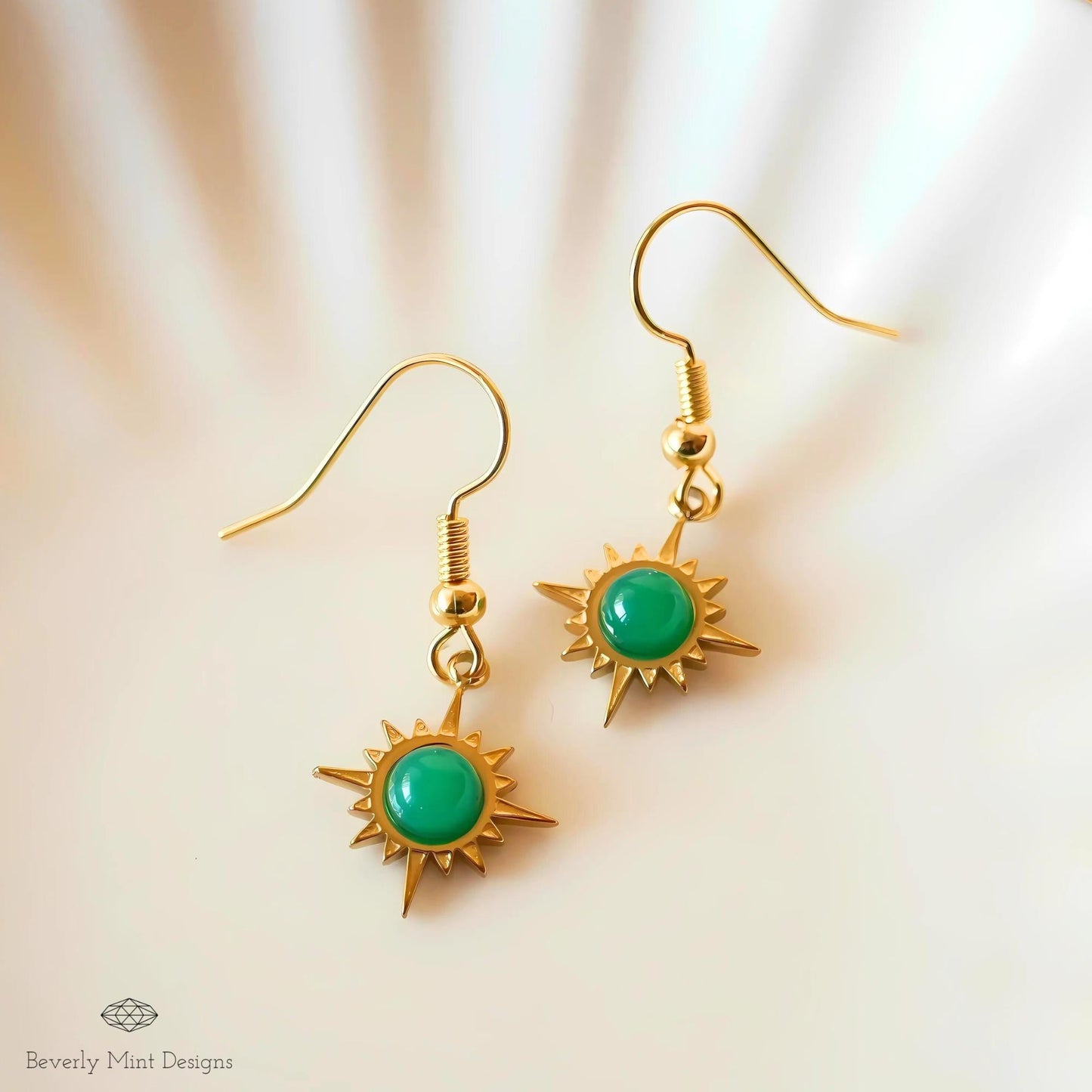 Sun Earrings ,Boho Sun Earrings 18K Gold Plated Small Earrings, Green Earrings , Boho Style Earrings , Gold Sunburst Earrings, Gift For Her