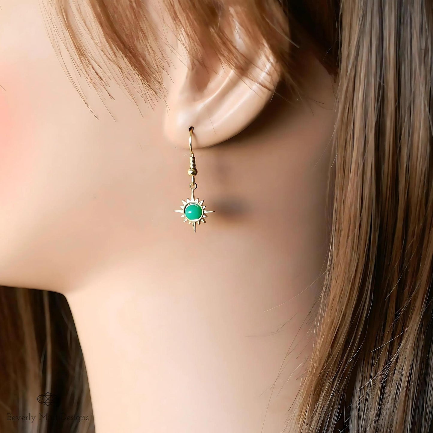 Sun Earrings ,Boho Sun Earrings 18K Gold Plated Small Earrings, Green Earrings , Boho Style Earrings , Gold Sunburst Earrings, Gift For Her