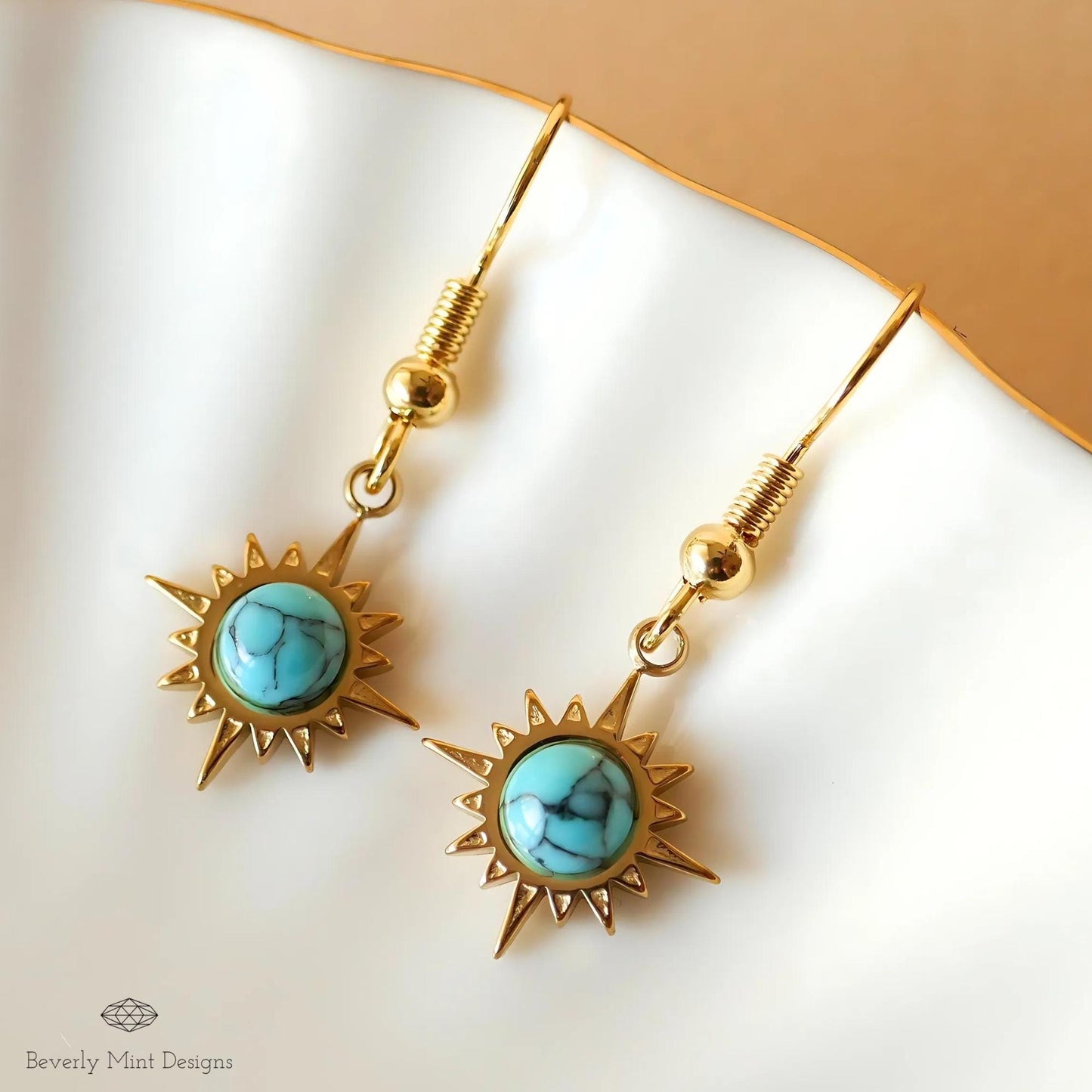 Sun Earrings ,Boho Sun Earrings 18K Gold Plated Small Earrings, Turquoise Blue Earrings , Boho Style Earrings , Gold Sunburst Earrings