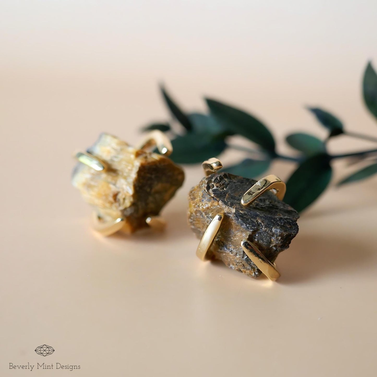 Tiger's Eye Stud Earrings with 18K Gold, Healing Stone Earrings,  1/2 -3/4 inches, Natural Raw Stone Earrings, Chakra Stones