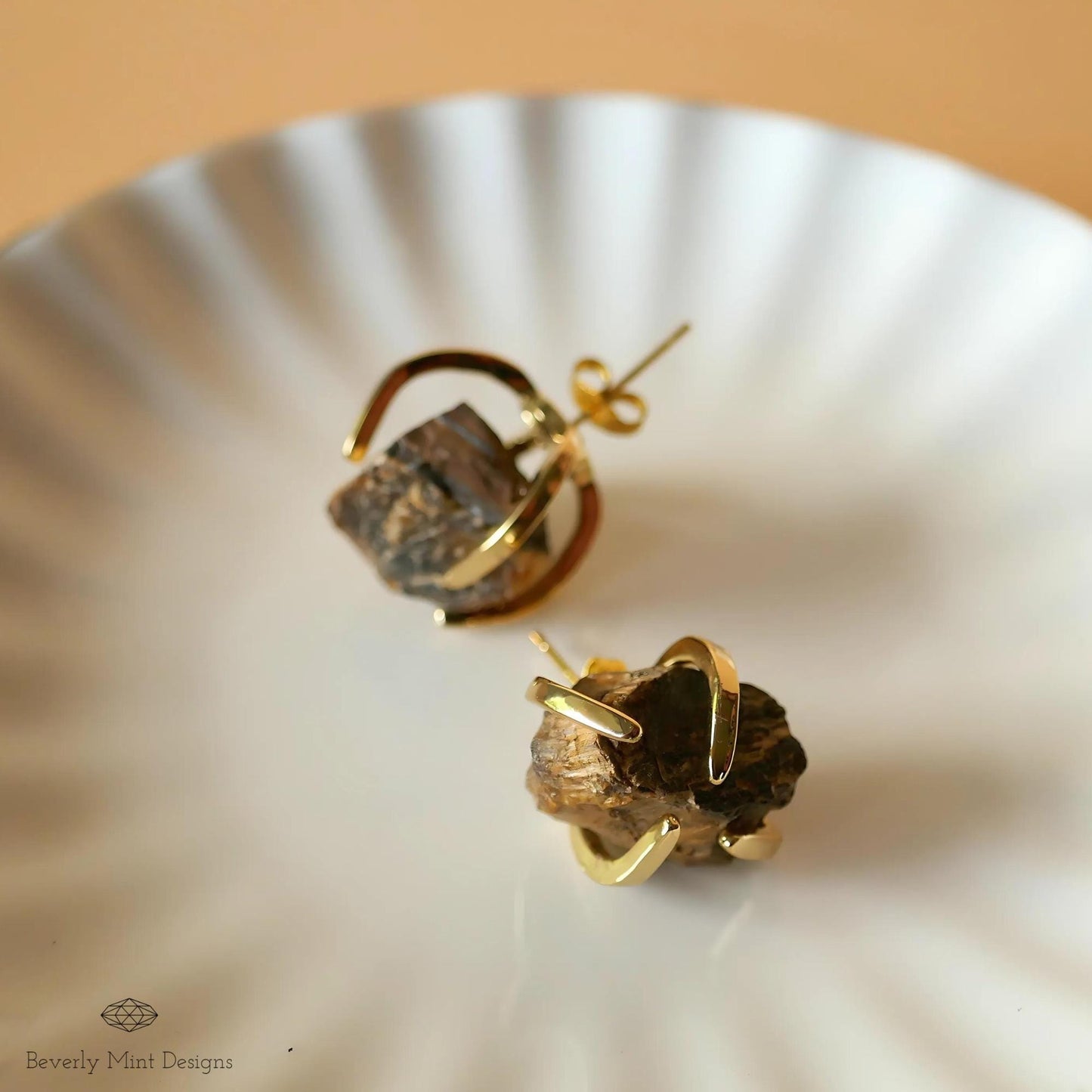 Tiger's Eye Stud Earrings with 18K Gold, Healing Stone Earrings,  1/2 -3/4 inches, Natural Raw Stone Earrings, Chakra Stones