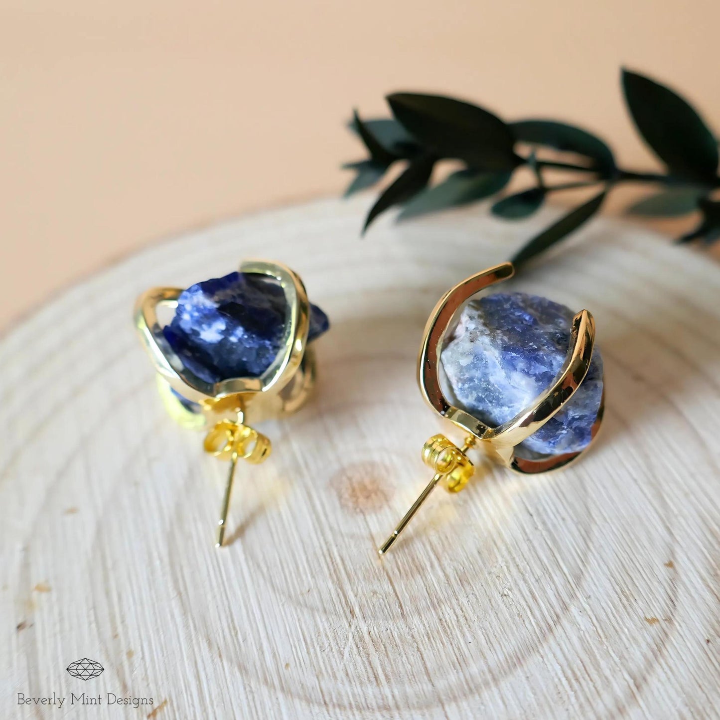 Sodalite Stud Earrings with 18K Gold, Blue Stone Earrings, 1/2 -3/4 inches, Natural Raw Stone Earrings, Chakra Stones, Gift For Her