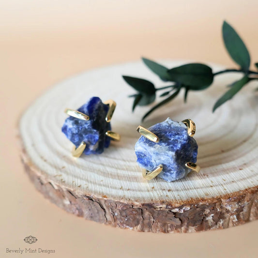 Sodalite Stud Earrings with 18K Gold, Blue Stone Earrings, 1/2 -3/4 inches, Natural Raw Stone Earrings, Chakra Stones, Gift For Her