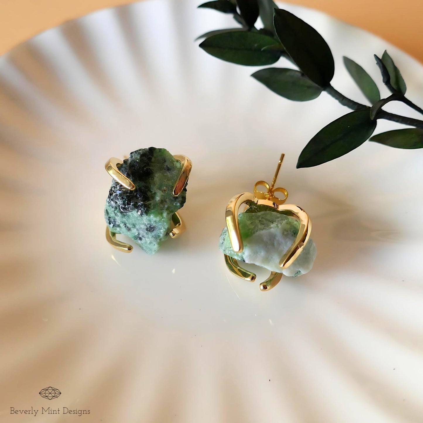 Epidote Stud Earrings with 18K Gold, Green Stone Earrings,  1/2 - 3/4 inches, Natural Raw Stone Earrings, Heart Chakra Stone