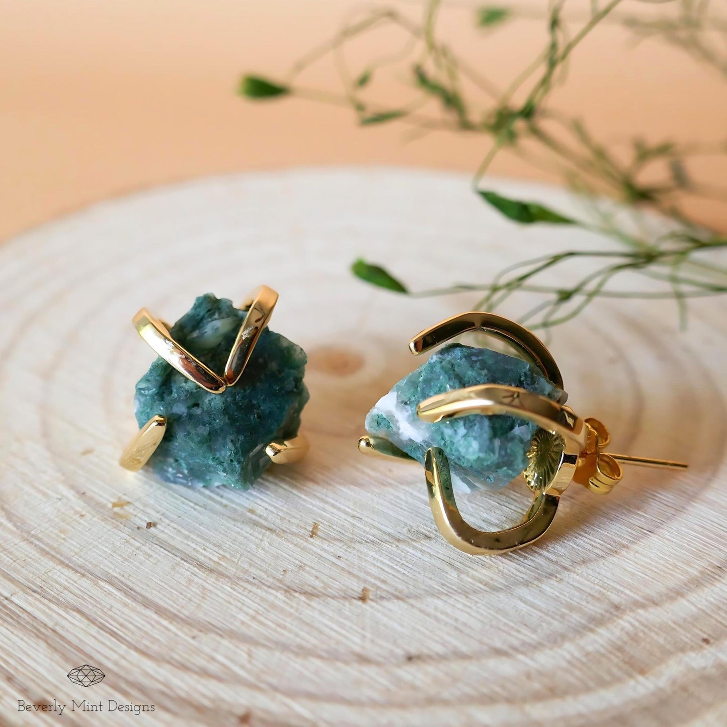 Epidote Stud Earrings with 18K Gold, Green Stone Earrings,  1/2 - 3/4 inches, Natural Raw Stone Earrings, Heart Chakra Stone