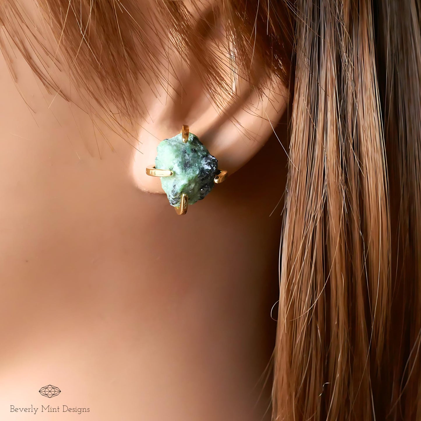 Epidote Stud Earrings with 18K Gold, Green Stone Earrings,  1/2 - 3/4 inches, Natural Raw Stone Earrings, Heart Chakra Stone