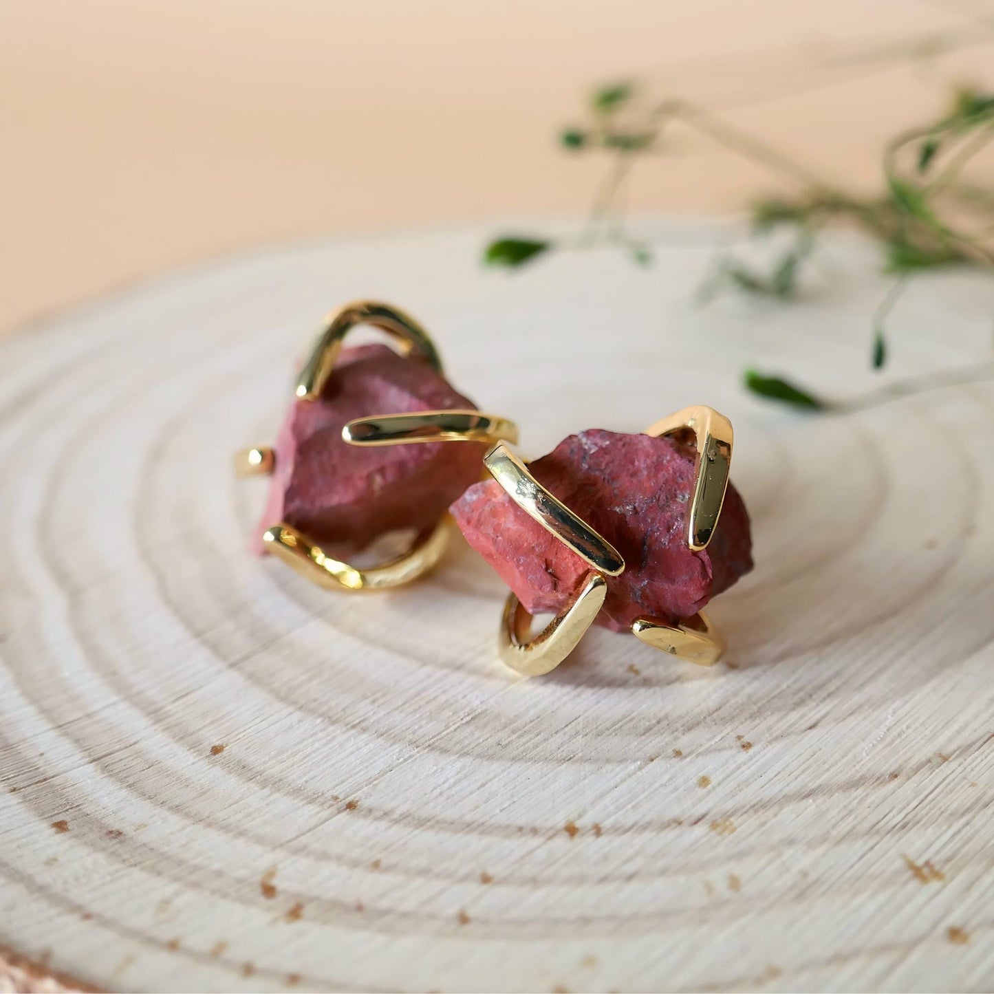 Red Stone Stud Earrings with 18K Gold, Red Stone Earrings, 1/2 -3/4 inches, Natural Raw Stone, Gift For Her