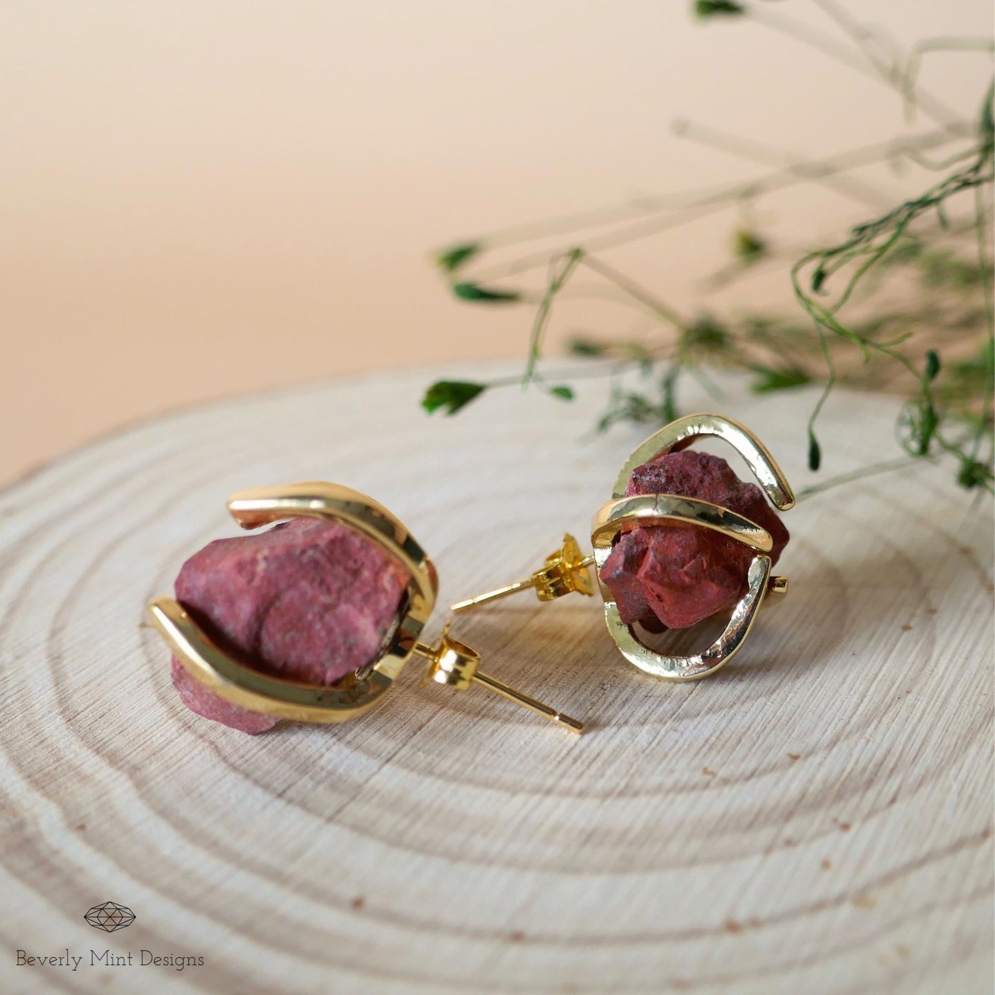 Red Stone Stud Earrings with 18K Gold, Red Stone Earrings, 1/2 -3/4 inches, Natural Raw Stone, Gift For Her