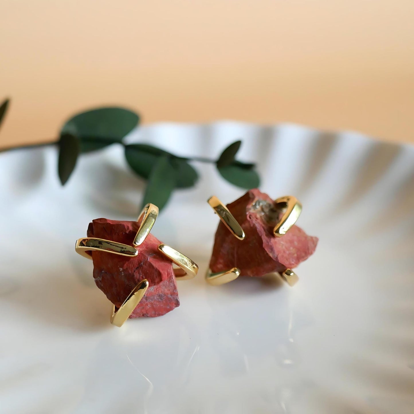 Red Stone Stud Earrings with 18K Gold, Red Stone Earrings, 1/2 -3/4 inches, Natural Raw Stone, Gift For Her