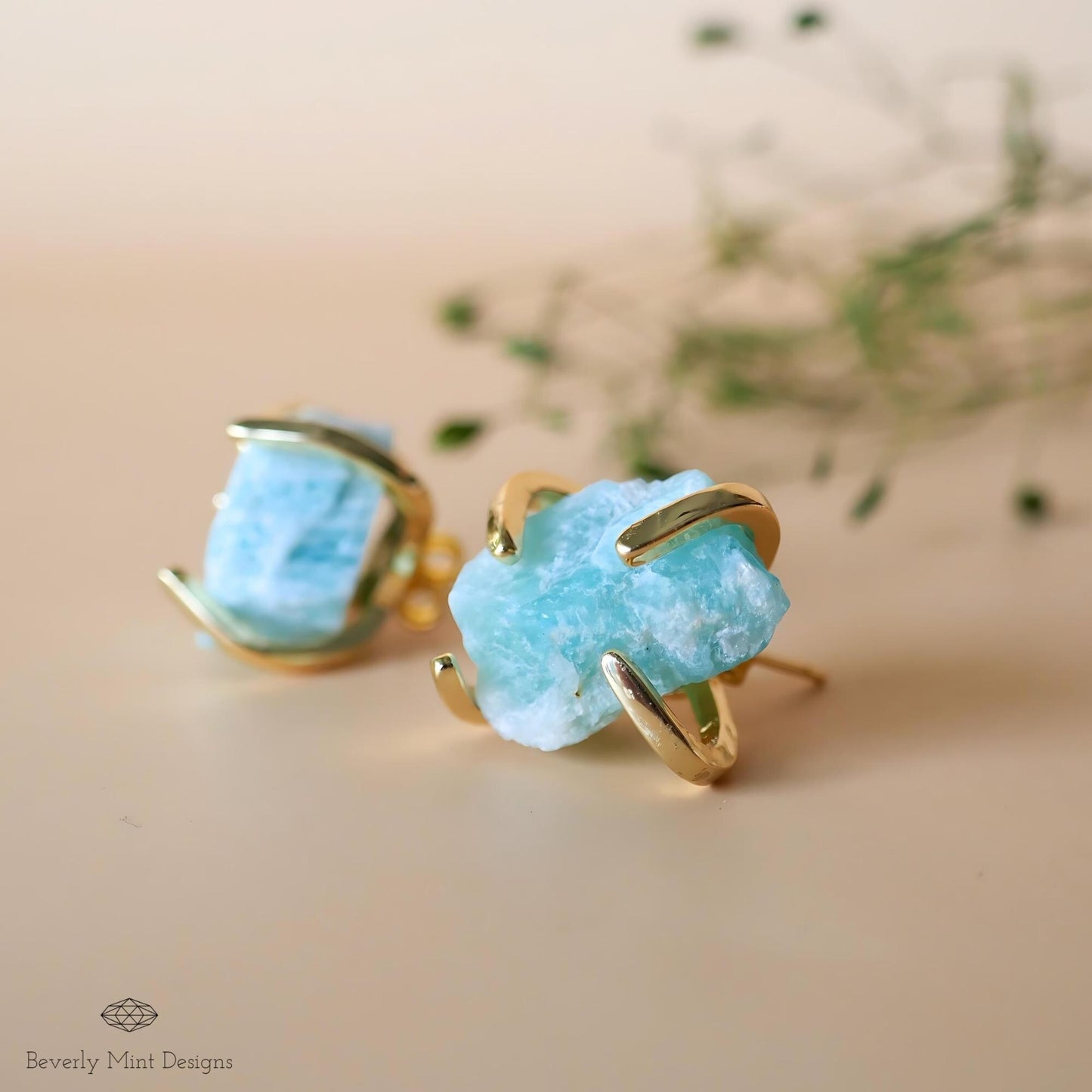 Amazonite Stud Earrings with 18K Gold, Green Stone Earrings,  1/2 - 3/4 inches, Natural Raw Stone Earrings, Chakra Stone, Gift For Her