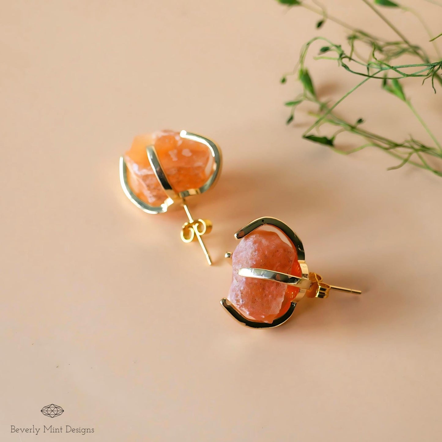 Red Agate Stud Earrings with 18K Gold, Red Orange Stone Earrings, 1/2 -3/4 inches, Natural Raw Stone, Chakra Stone, Gift For Her